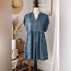 Free People Vintage Blue Mineral Wash Babydoll Dress XS Rayon Modal Boho